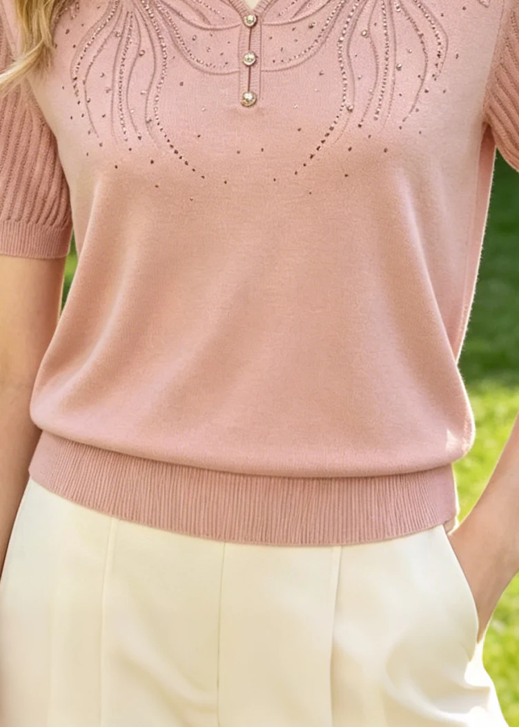 Vintage Pink Embroidered Zircon Knit Blouse Tops Summer - Image 4