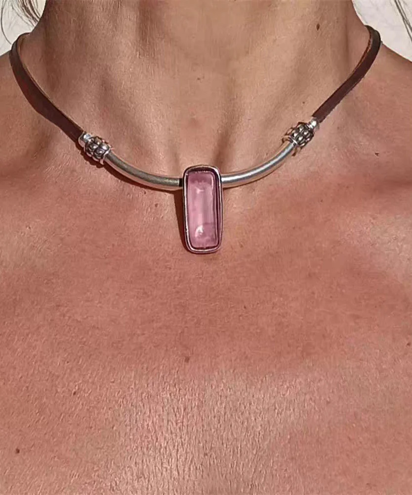 Vintage Pink Leather Alloy Crystal Pendant Necklace - Image 2