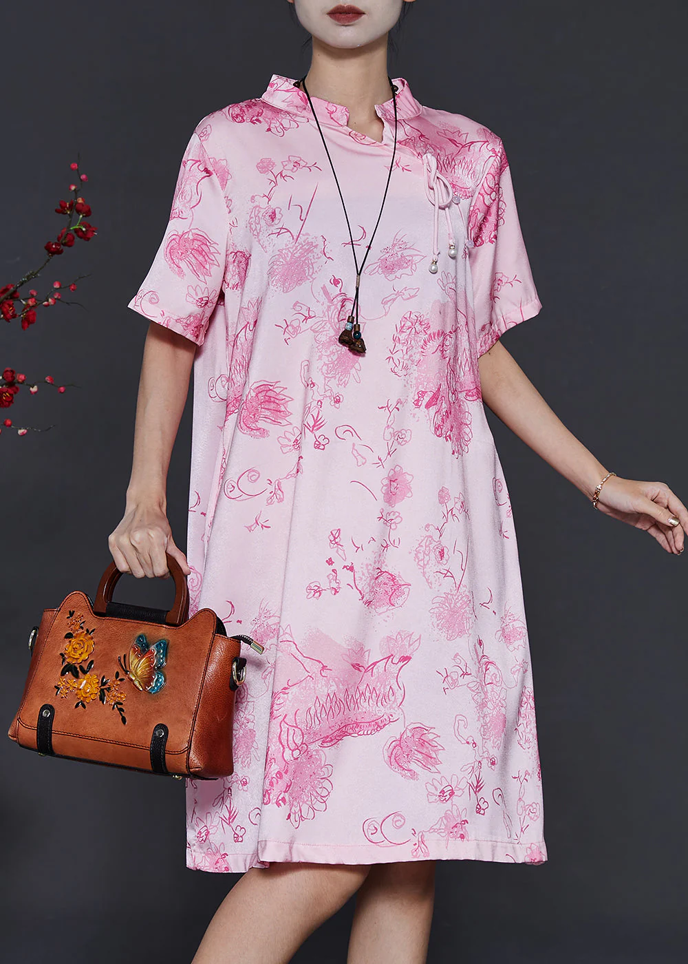 Vintage Pink Mandarin Collar Print Silk Dresses Summer - Image 2