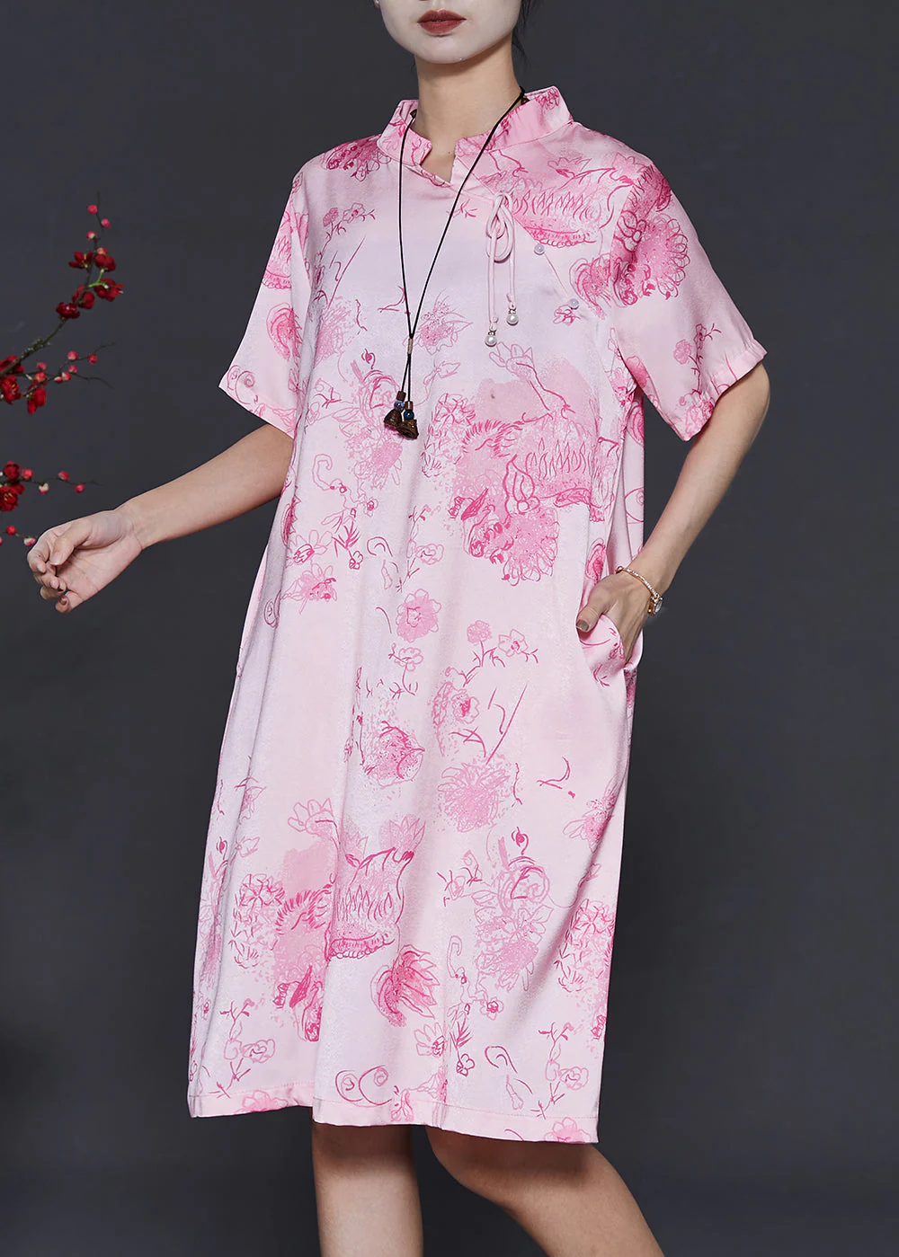 Vintage Pink Mandarin Collar Print Silk Dresses Summer - Image 3