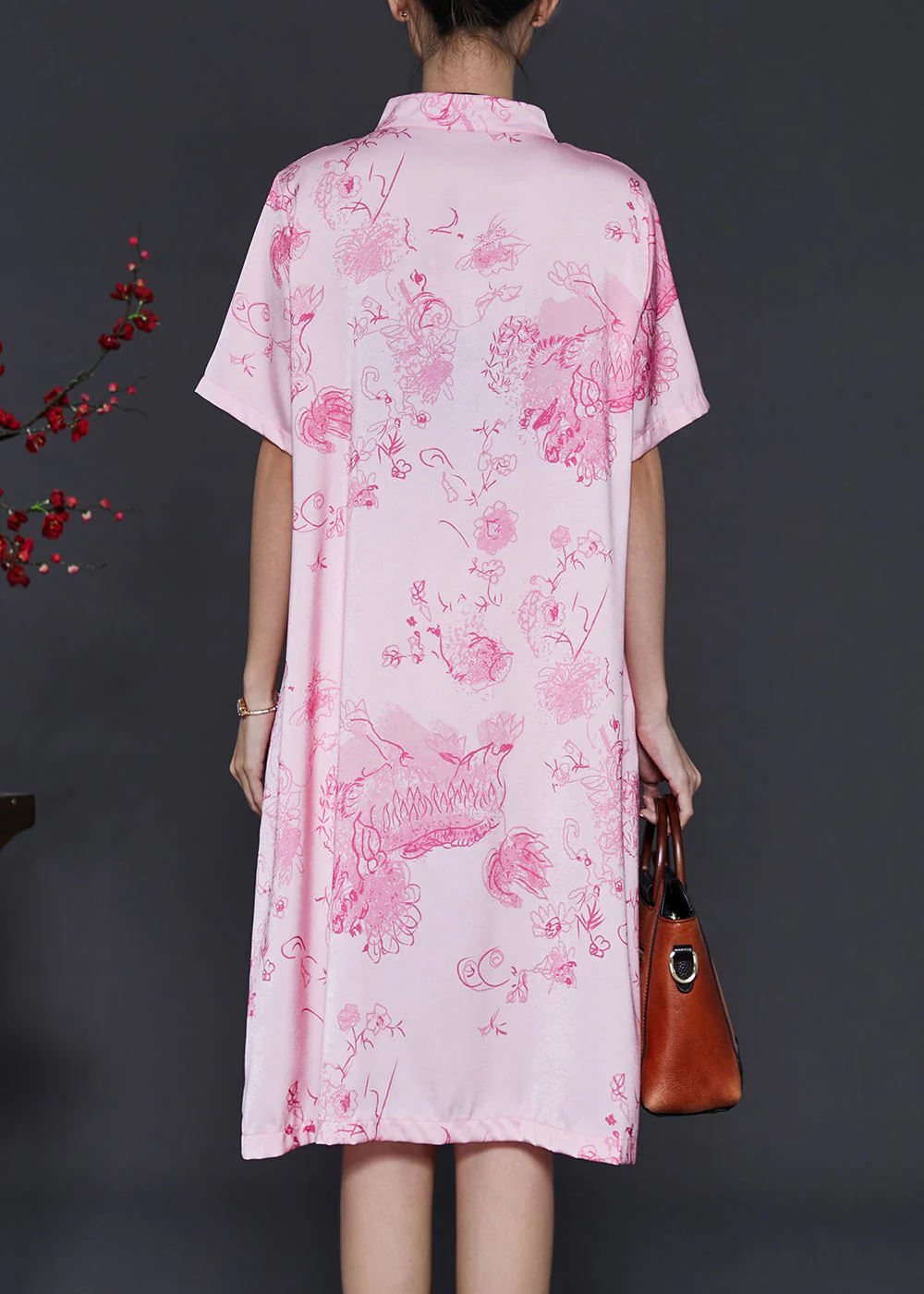 Vintage Pink Mandarin Collar Print Silk Dresses Summer - Image 4