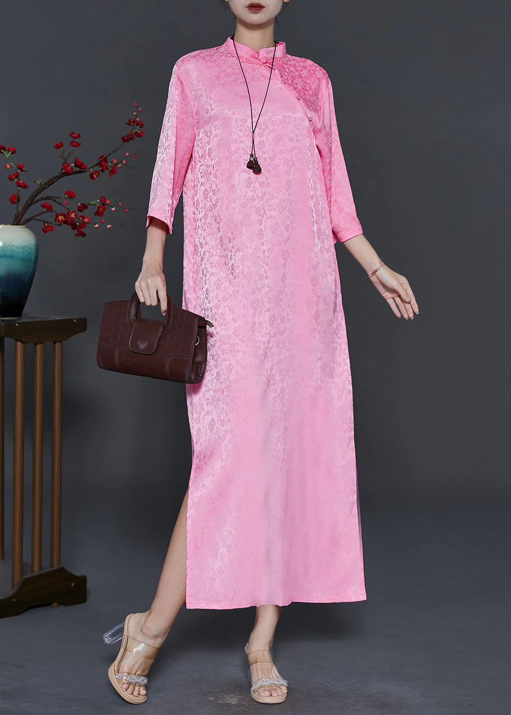 Vintage Pink Mandarin Collar Print Silk Robe Dresses Bracelet Sleeve - Image 2