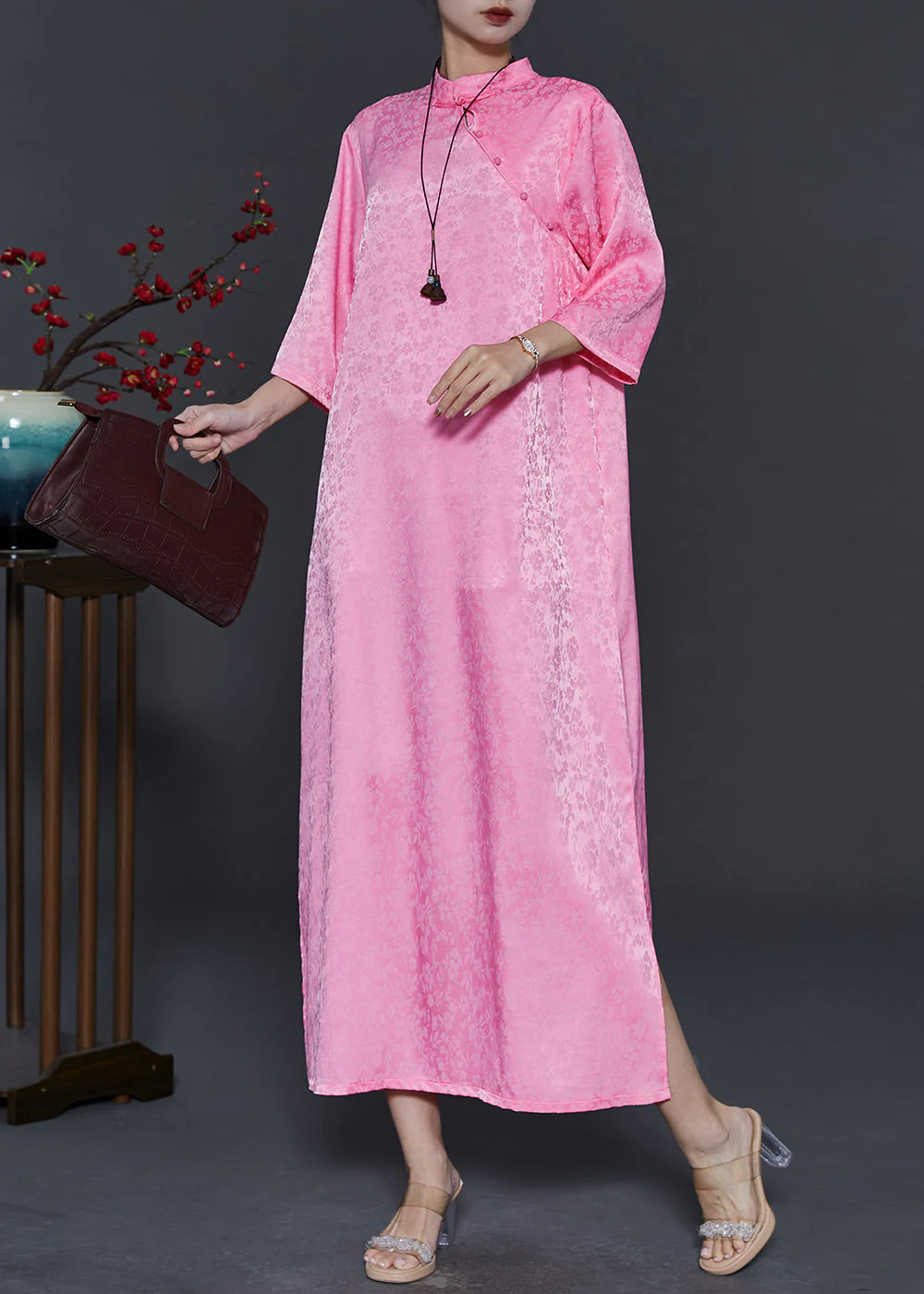 Vintage Pink Mandarin Collar Print Silk Robe Dresses Bracelet Sleeve - Image 3