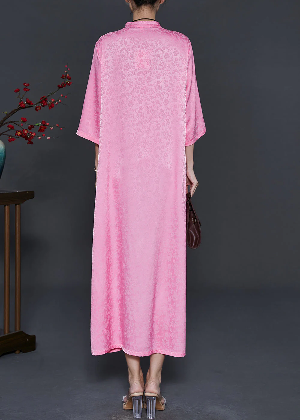 Vintage Pink Mandarin Collar Print Silk Robe Dresses Bracelet Sleeve - Image 4