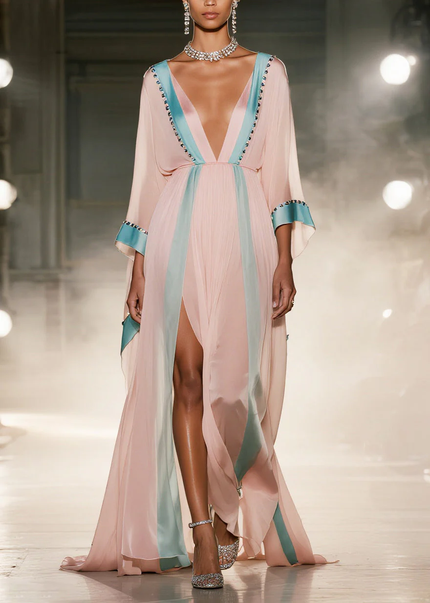 Vintage Pink Patchwork Side Open Chiffon Maxi Dress Summer - Image 3