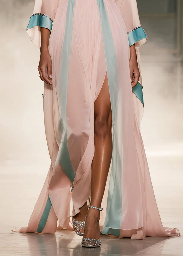 Vintage Pink Patchwork Side Open Chiffon Maxi Dress Summer - Image 4
