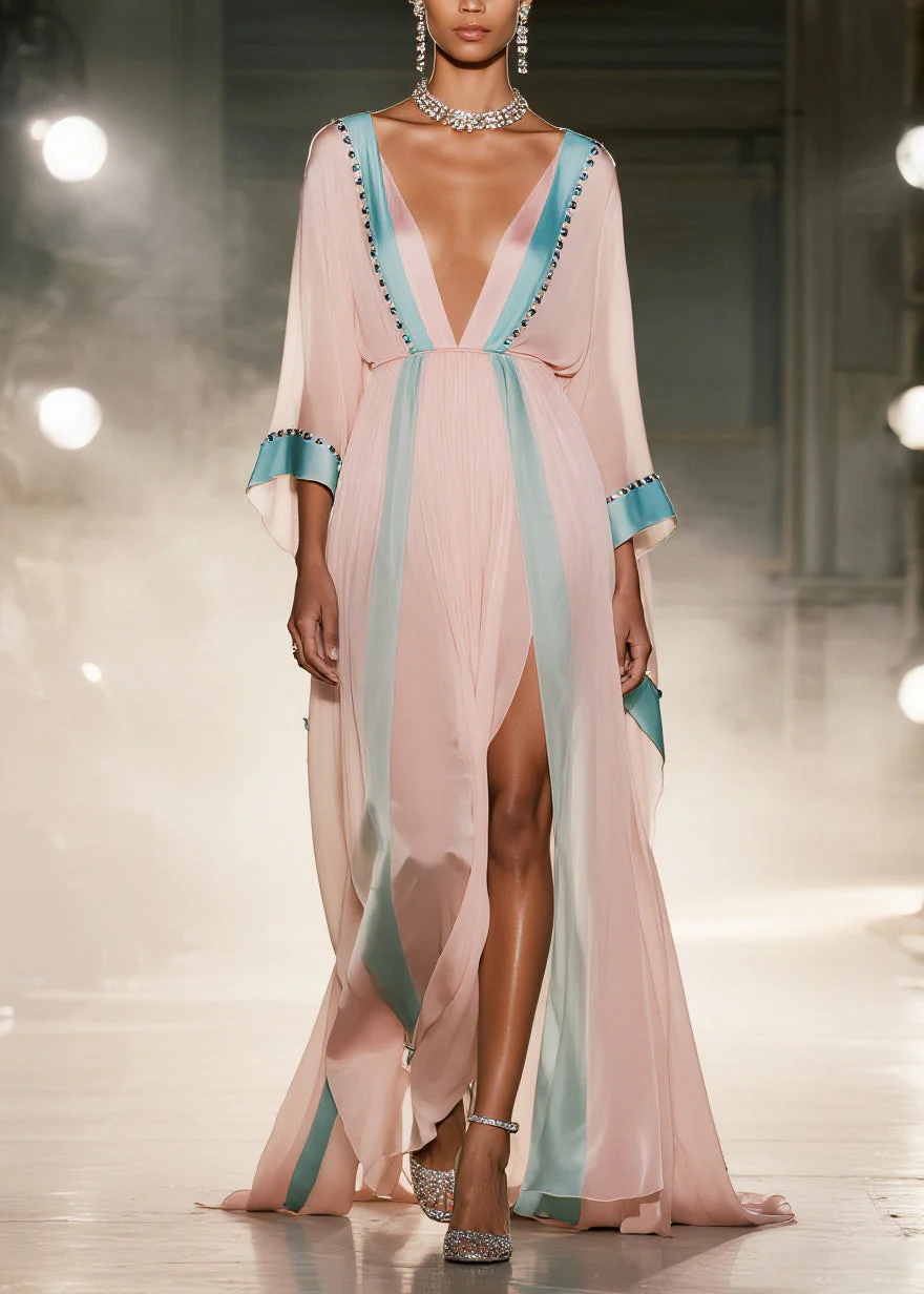 Vintage Pink Patchwork Side Open Chiffon Maxi Dress Summer - Image 5