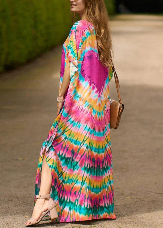 Vintage Pink Print Side Open Maxi Holiday Dress Short Sleeve - Image 3