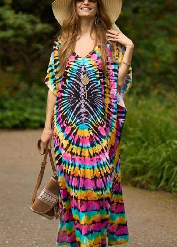 Vintage Pink Print Side Open Maxi Holiday Dress Short Sleeve - Image 4