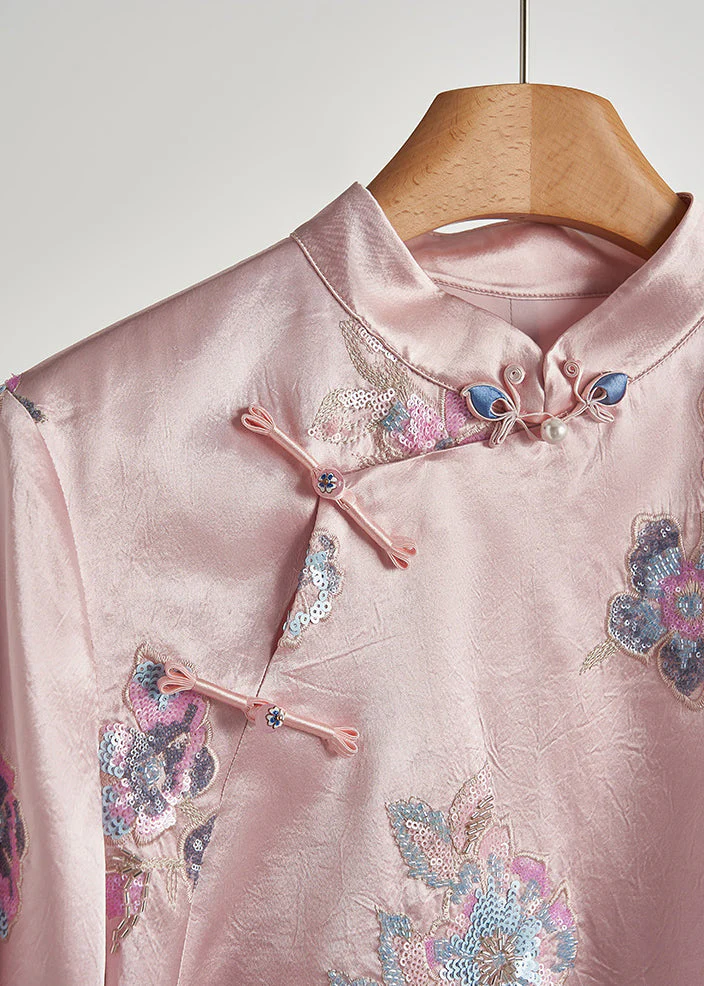 Vintage Pink Sequins Embroidered Silk Coats Fall - Image 3