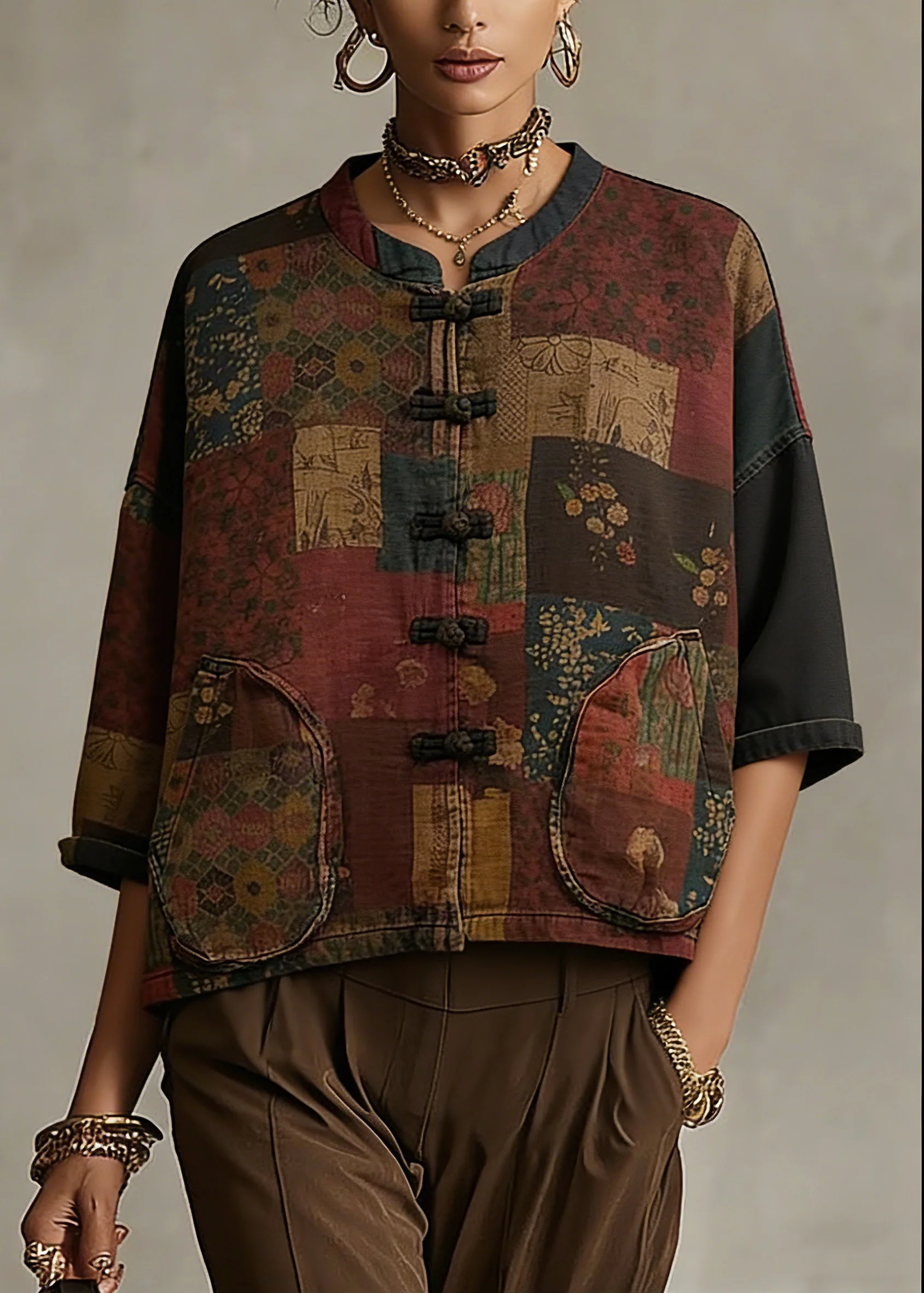 Vintage Print Button Patchwork Cotton Coat Long Sleeve