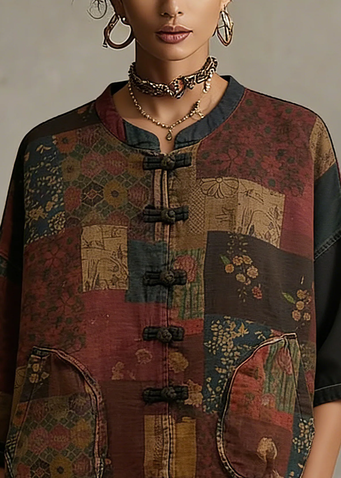 Vintage Print Button Patchwork Cotton Coat Long Sleeve - Image 2