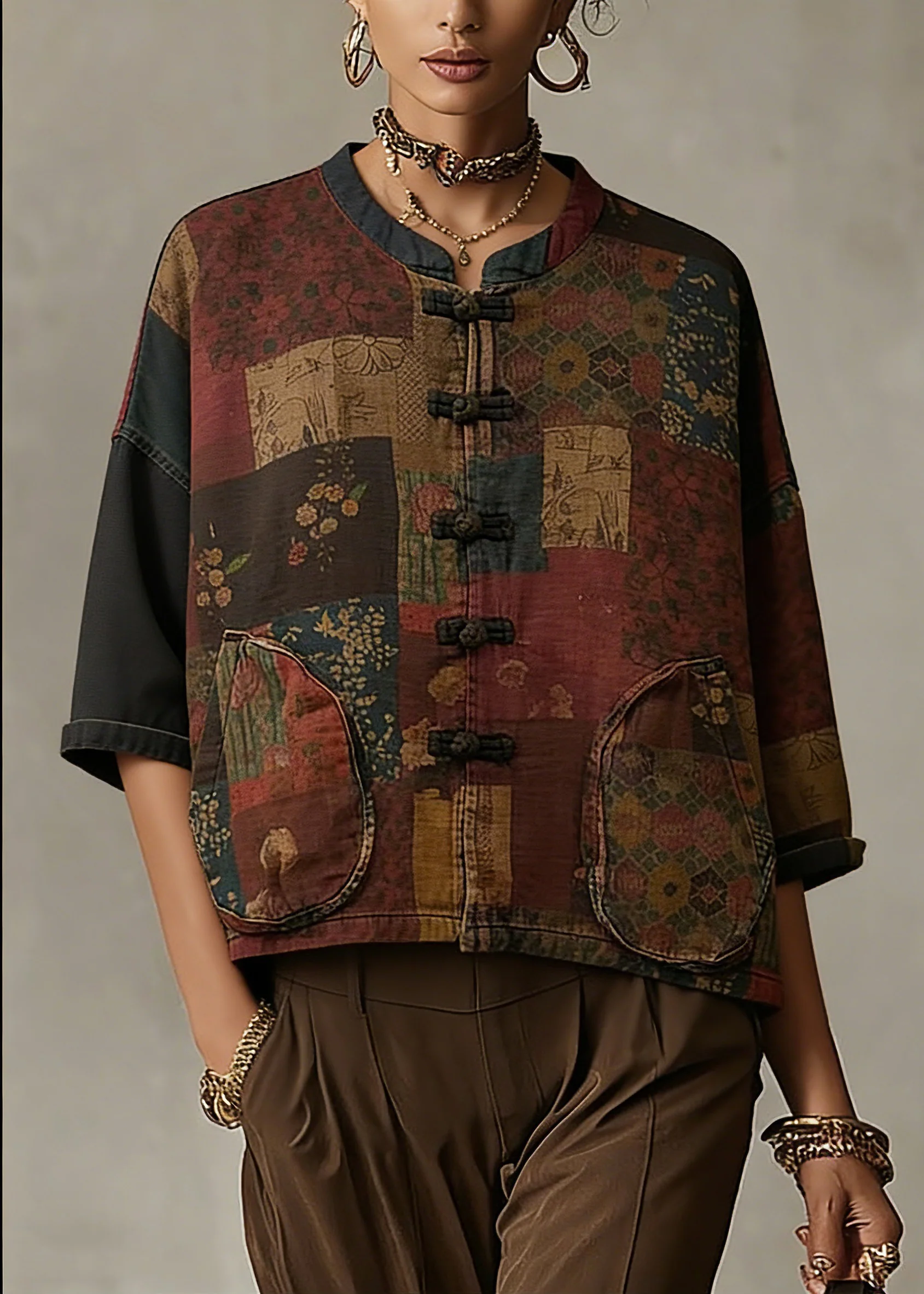 Vintage Print Button Patchwork Cotton Coat Long Sleeve - Image 3