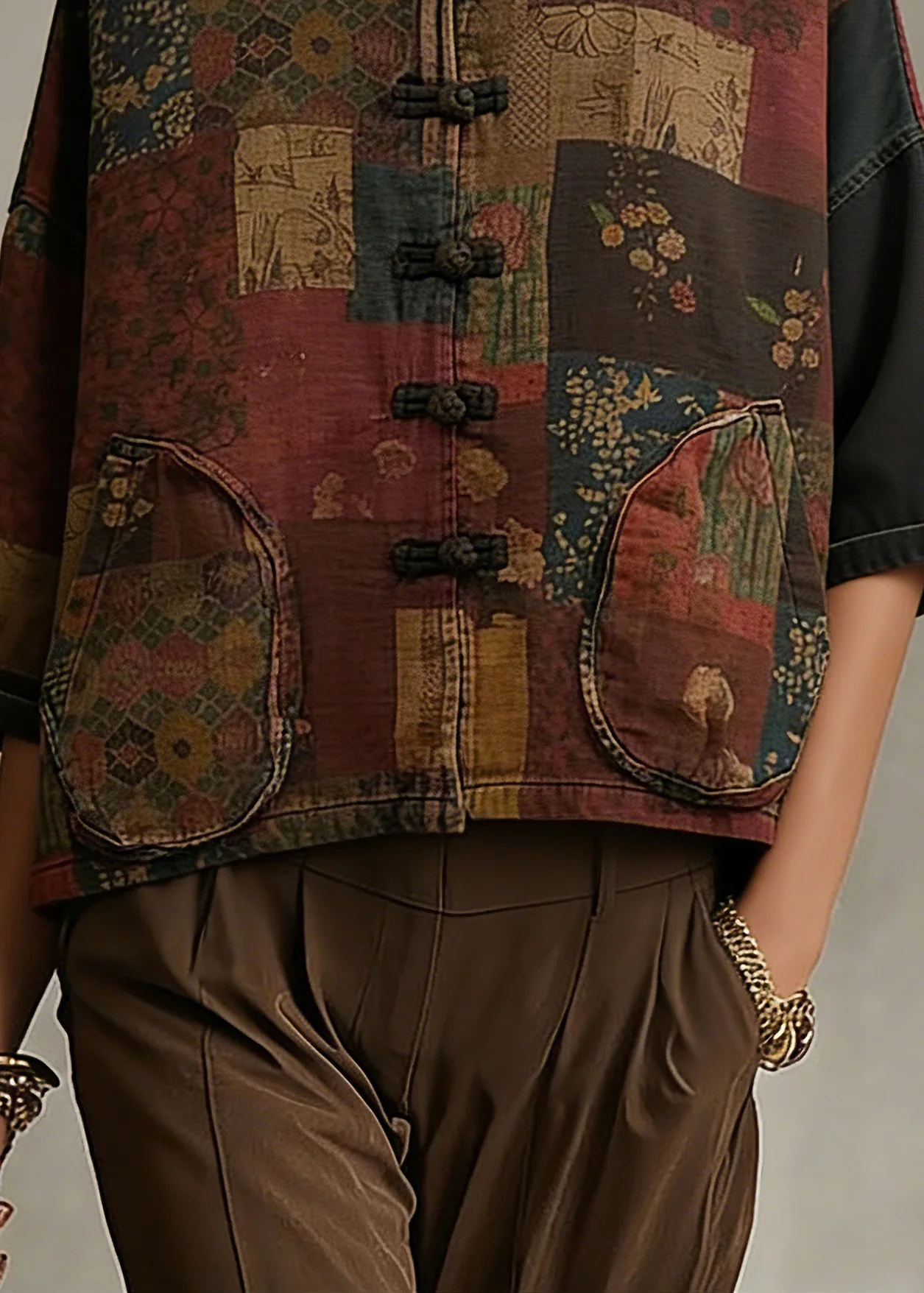 Vintage Print Button Patchwork Cotton Coat Long Sleeve - Image 4