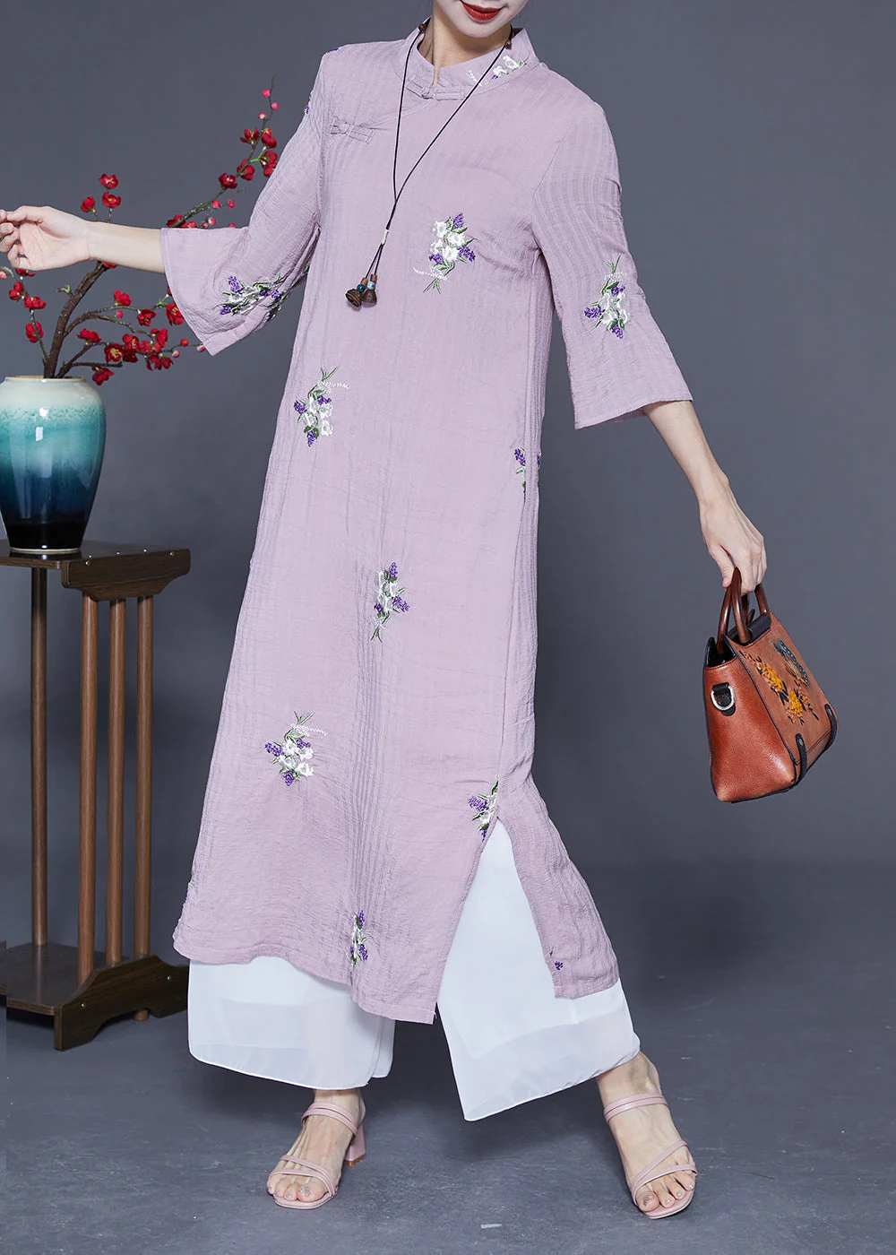 Vintage Purple Embroideried Chinese Button Linen Long Dresses Bracelet Sleeve - Image 2