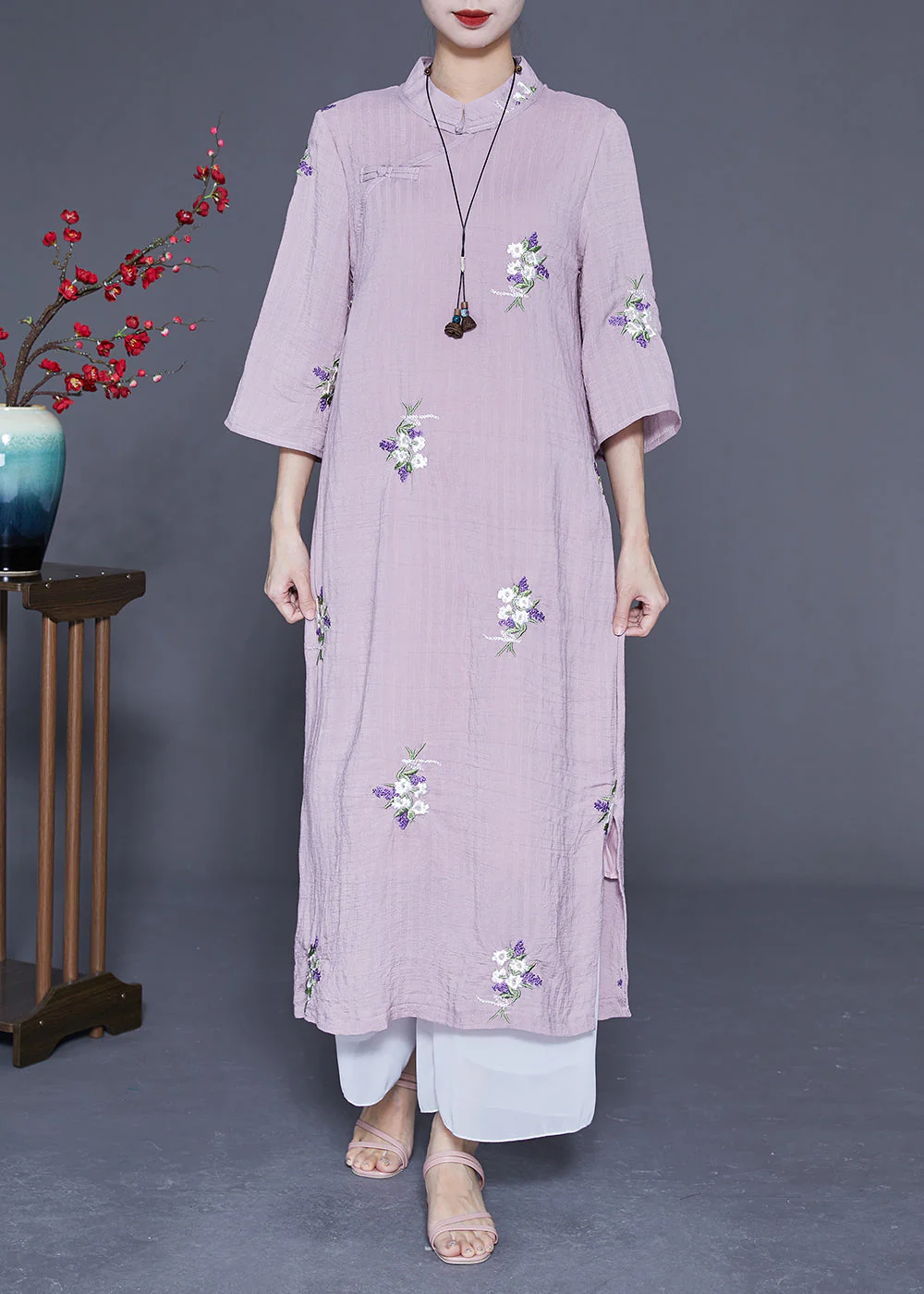 Vintage Purple Embroideried Chinese Button Linen Long Dresses Bracelet Sleeve - Image 3