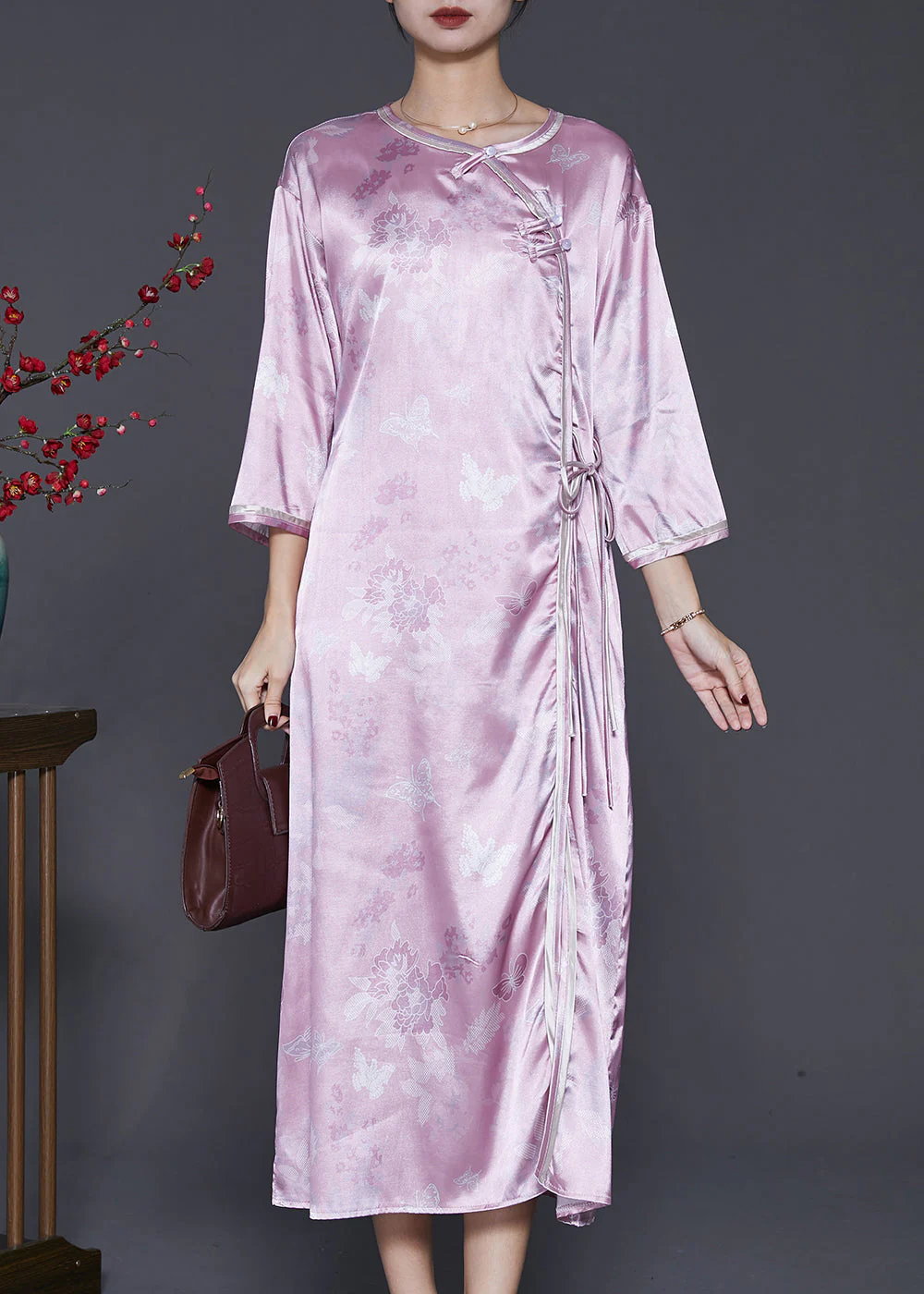 Vintage Purple Jacquard Oriental Silk Maxi Dresses Bracelet Sleeve - Image 2