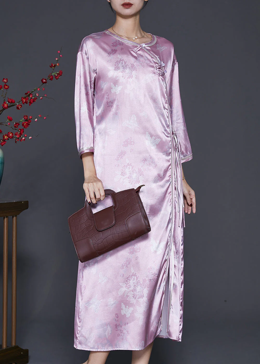 Vintage Purple Jacquard Oriental Silk Maxi Dresses Bracelet Sleeve - Image 3