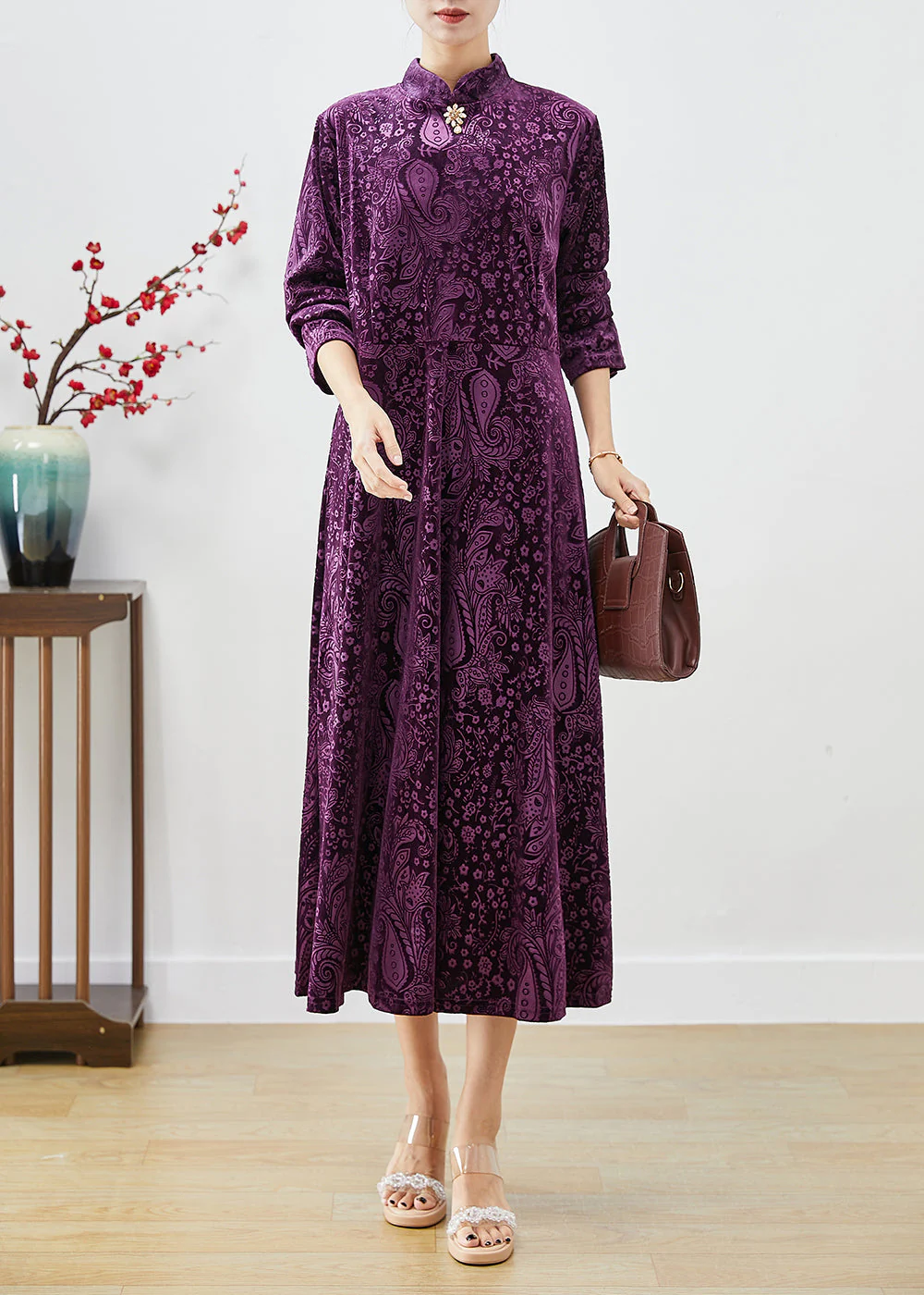 Vintage Purple Mandarin Collar Print Silk Velour Dresses Fall - Image 2