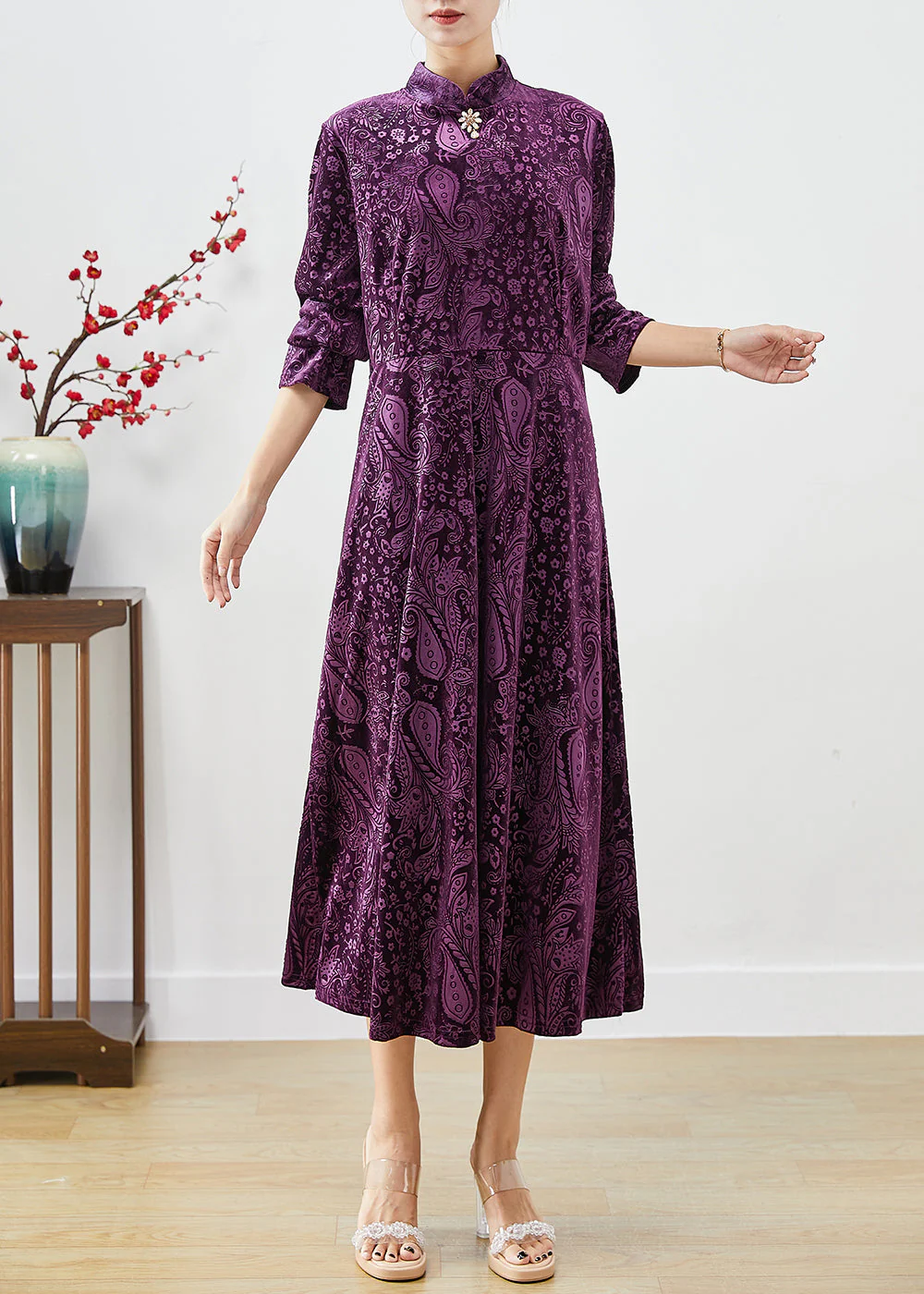 Vintage Purple Mandarin Collar Print Silk Velour Dresses Fall - Image 3