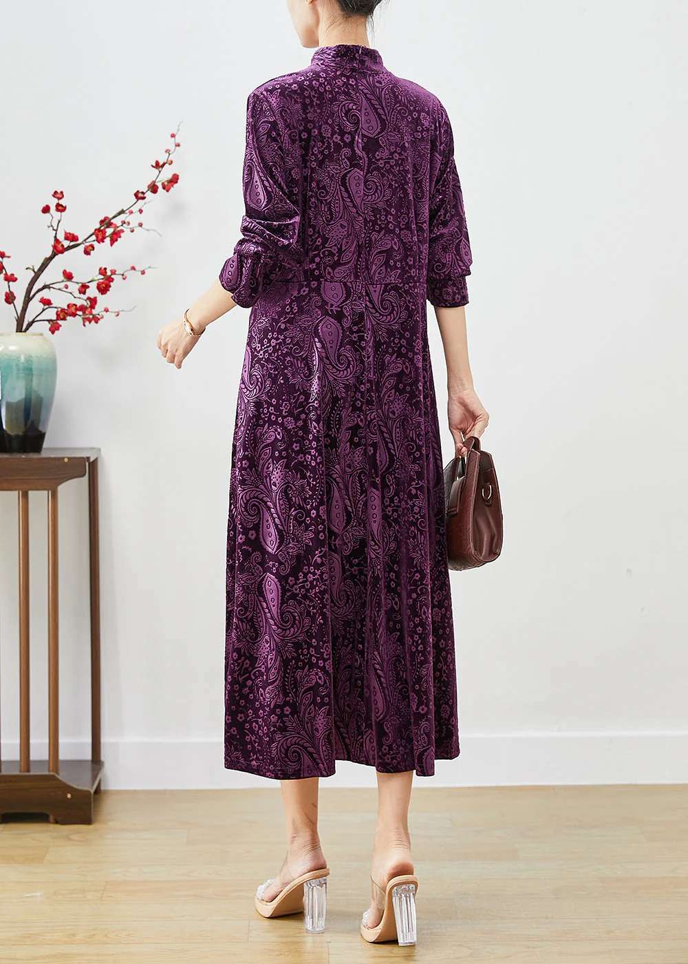 Vintage Purple Mandarin Collar Print Silk Velour Dresses Fall - Image 4