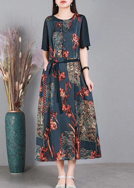 Vintage Purple O-Neck Patchwork Tie Waist Print Silk Long Dress Short Sleeve - Image 2