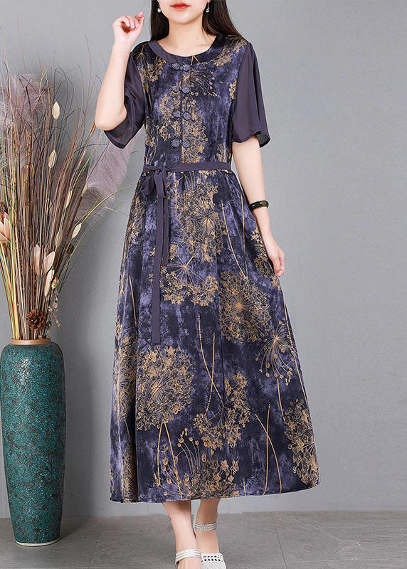 Vintage Purple O-Neck Patchwork Tie Waist Print Silk Long Dress Short Sleeve - Image 3