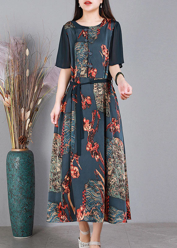 Vintage Purple O-Neck Patchwork Tie Waist Print Silk Long Dress Short Sleeve - Image 4
