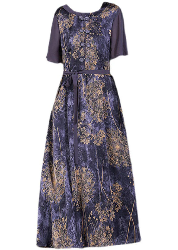 Vintage Purple O-Neck Patchwork Tie Waist Print Silk Long Dress Short Sleeve - Image 5