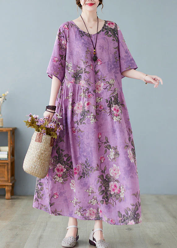 Vintage Purple O-Neck Print Maxi Dress Summer - Image 2