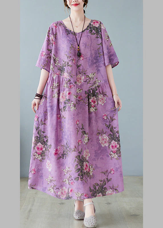 Vintage Purple O-Neck Print Maxi Dress Summer - Image 3
