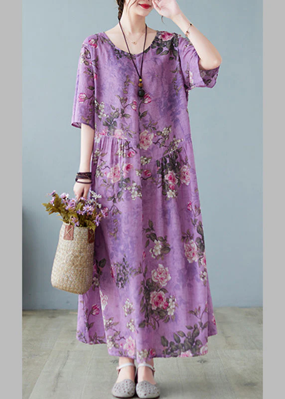 Vintage Purple O-Neck Print Maxi Dress Summer - Image 4