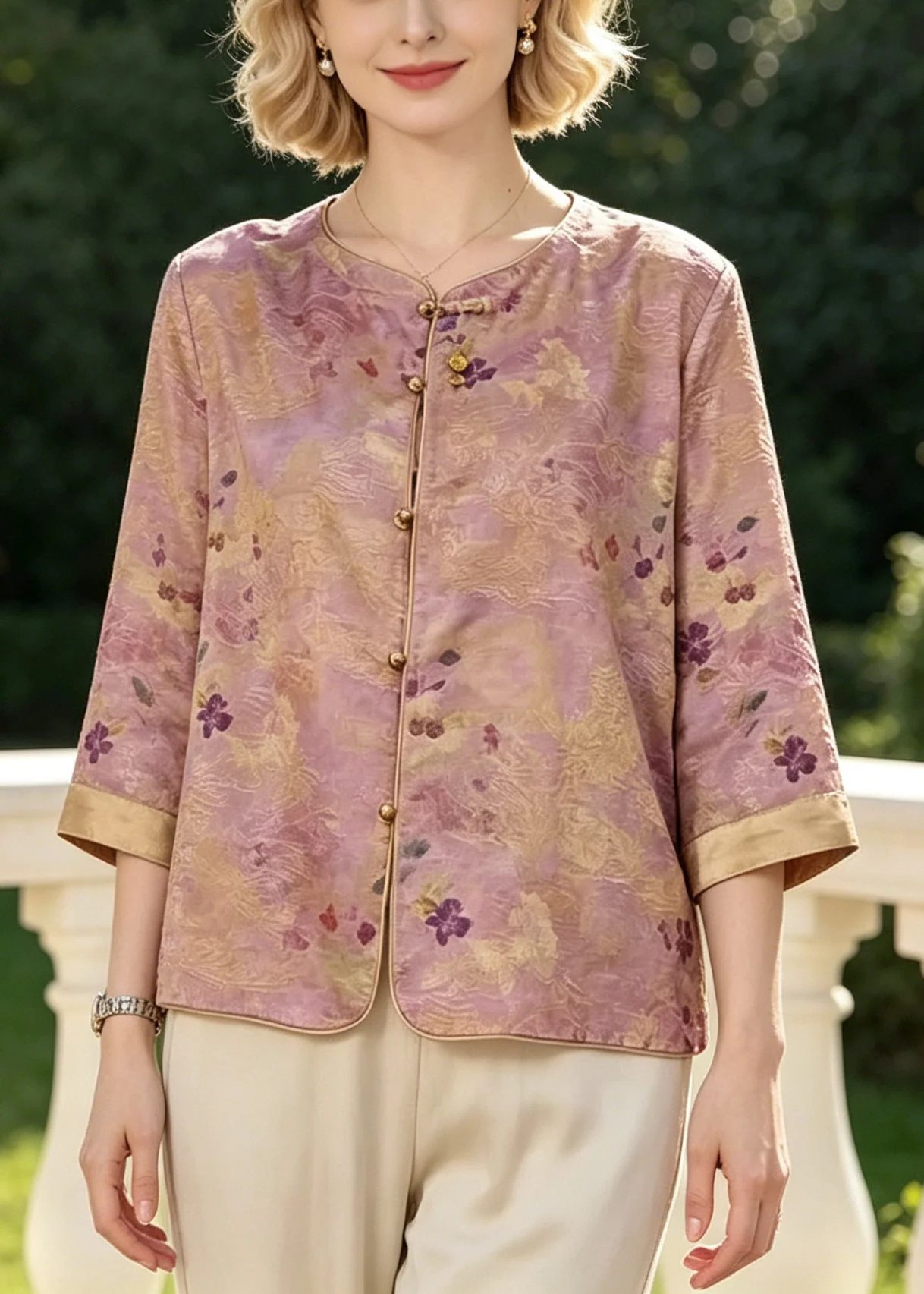 Vintage Purple O-Neck Print Silk Shirt Top Bracelet Sleeve - Image 3