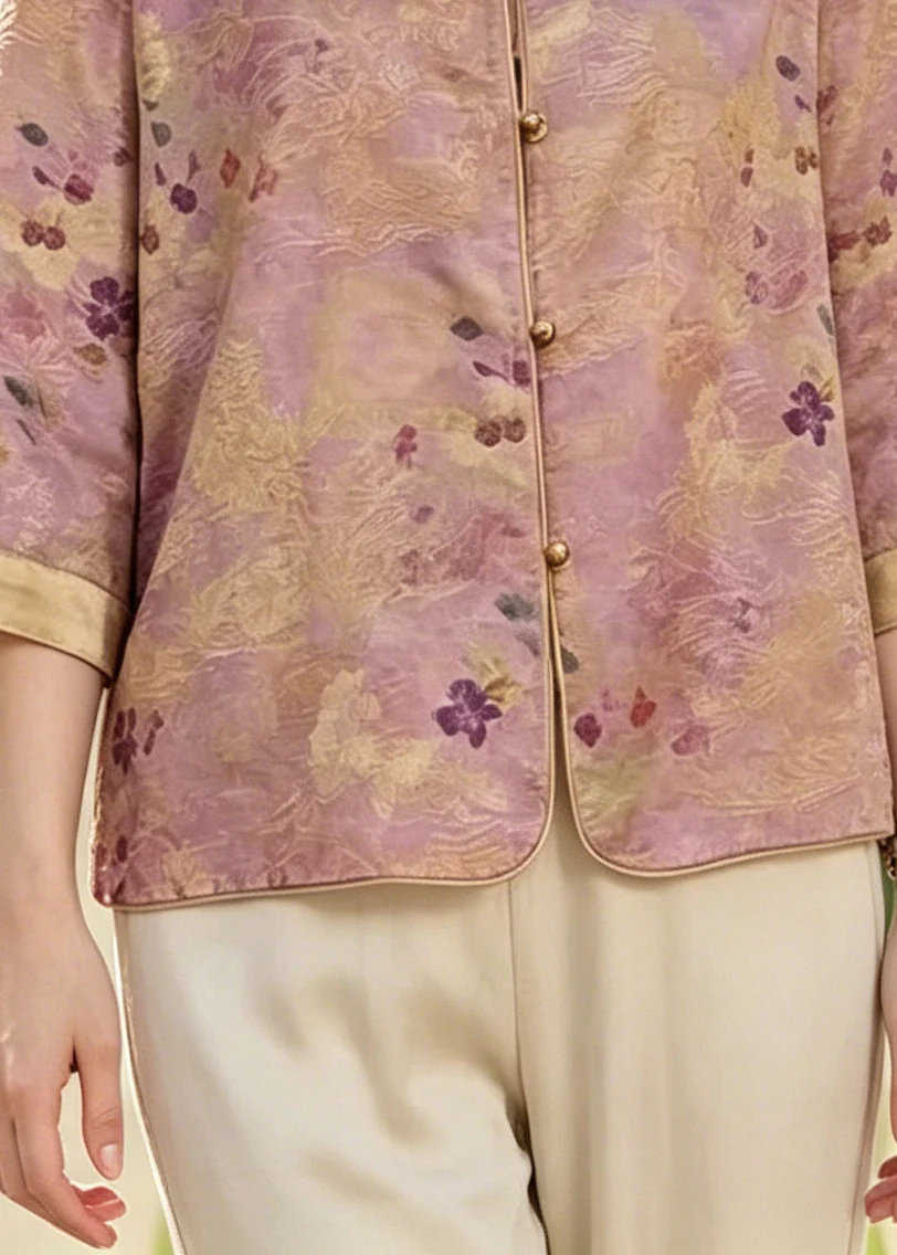 Vintage Purple O-Neck Print Silk Shirt Top Bracelet Sleeve - Image 4