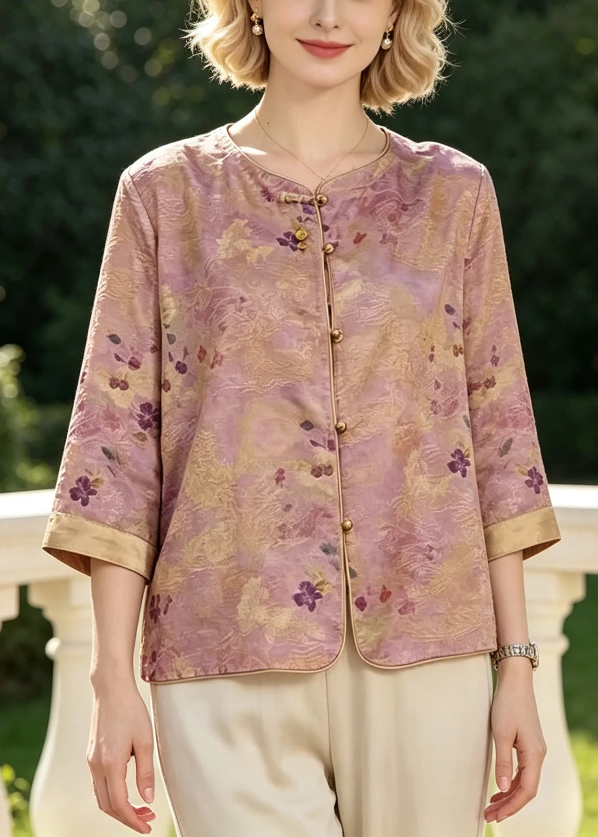 Vintage Purple O-Neck Print Silk Shirt Top Bracelet Sleeve - Image 5