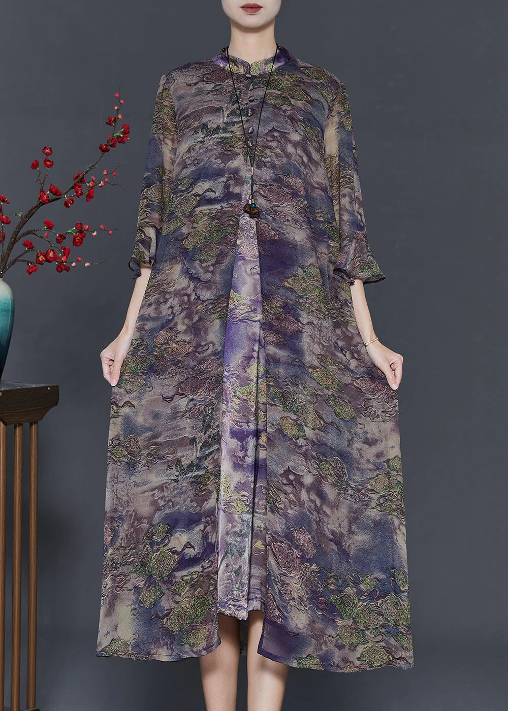 Vintage Purple Print Silk Fake Two Piece Dresses Bracelet Sleeve - Image 2