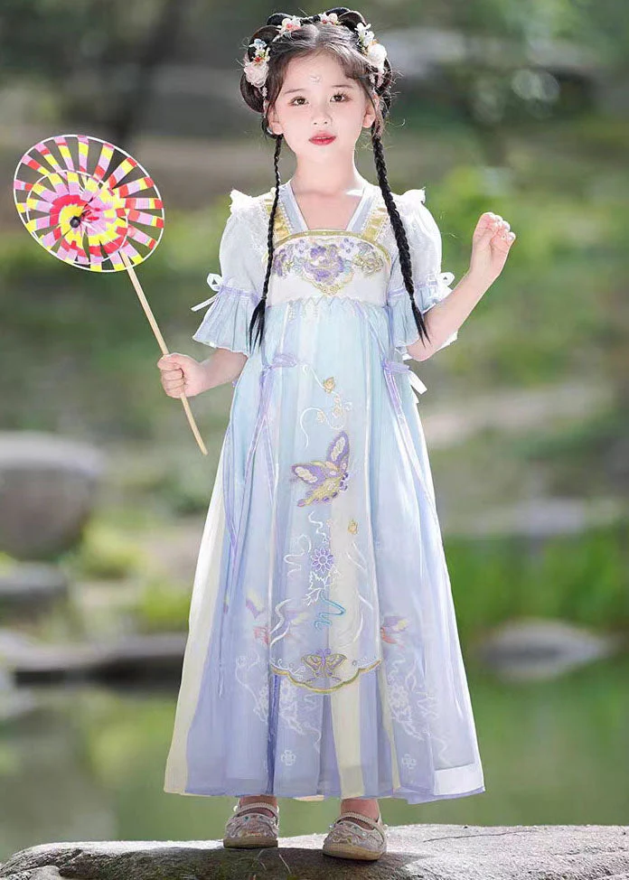 Vintage Purple Ruffled Embroideried Patchwork Chiffon Kids Girls Dress Summer - Image 2