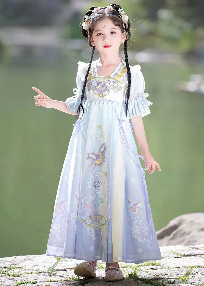 Vintage Purple Ruffled Embroideried Patchwork Chiffon Kids Girls Dress Summer - Image 3
