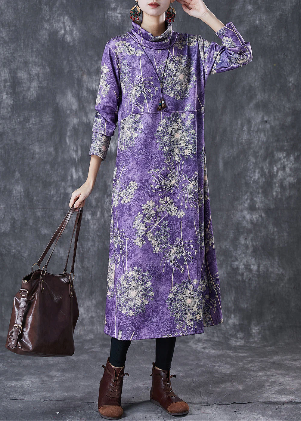 Vintage Purple Turtle Neck Print Warm Fleece Party Dress Winter - Image 2