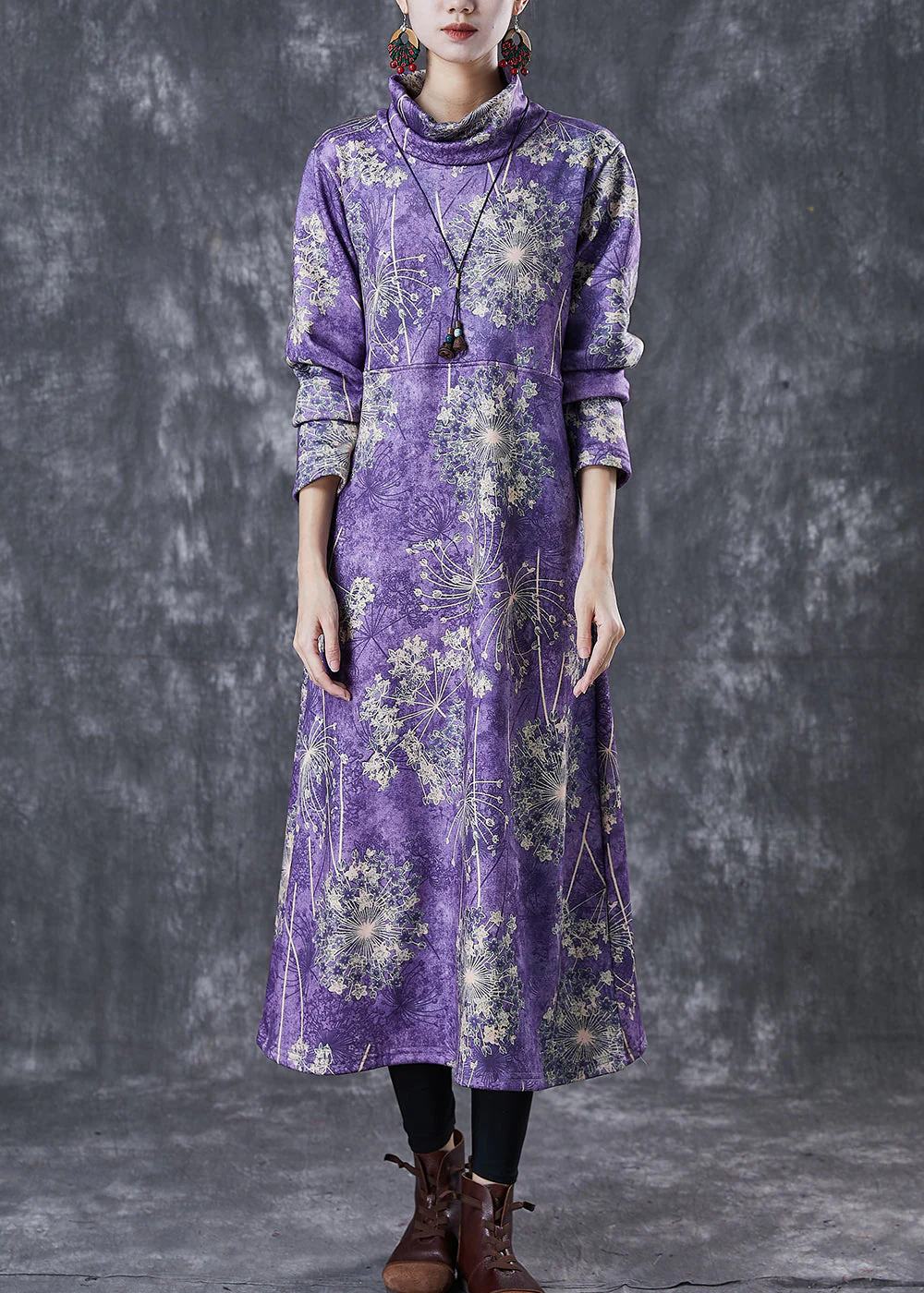 Vintage Purple Turtle Neck Print Warm Fleece Party Dress Winter - Image 3