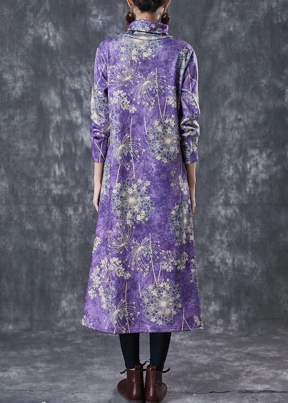 Vintage Purple Turtle Neck Print Warm Fleece Party Dress Winter - Image 4