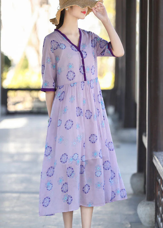 Vintage Purple V Neck Print Patchwork Wrinkled Cotton Dress Two Pieces Set Summer - Image 2