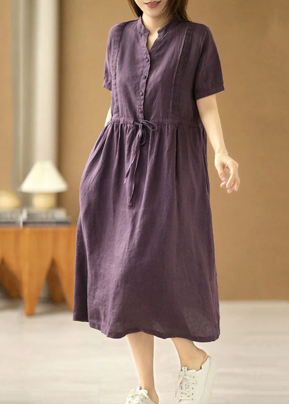 Vintage Purple V Neck Wrinkled Tie Waist Linen Long Dresses Short Sleeve - Image 2
