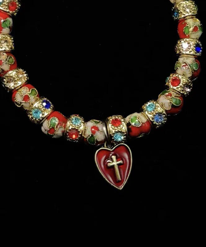 Vintage Red Acrylic Stringing Beads Zircon Alloy Charm Bracelet - Image 3
