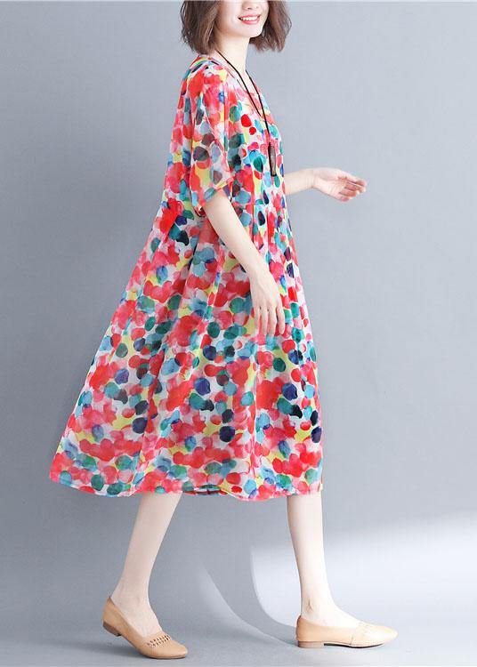 Vintage Red Chiffon Dotted Robe Dresses Short Sleeve