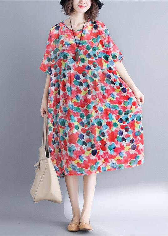 Vintage Red Chiffon Dotted Robe Dresses Short Sleeve - Image 2