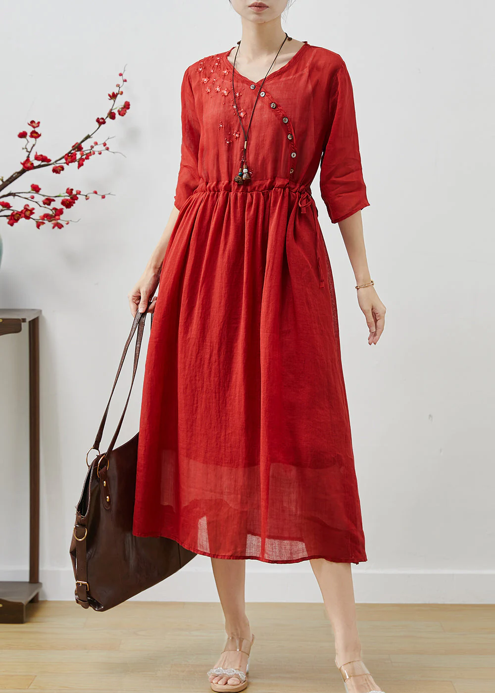 Vintage Red Embroidered Linen Cinched Dress Summer - Image 2
