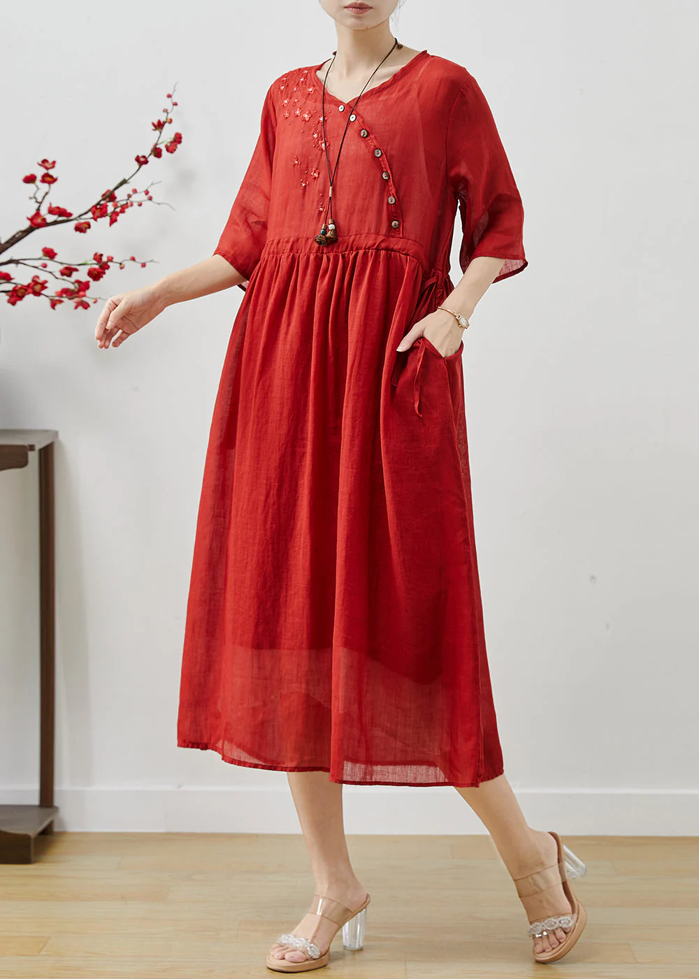 Vintage Red Embroidered Linen Cinched Dress Summer - Image 3