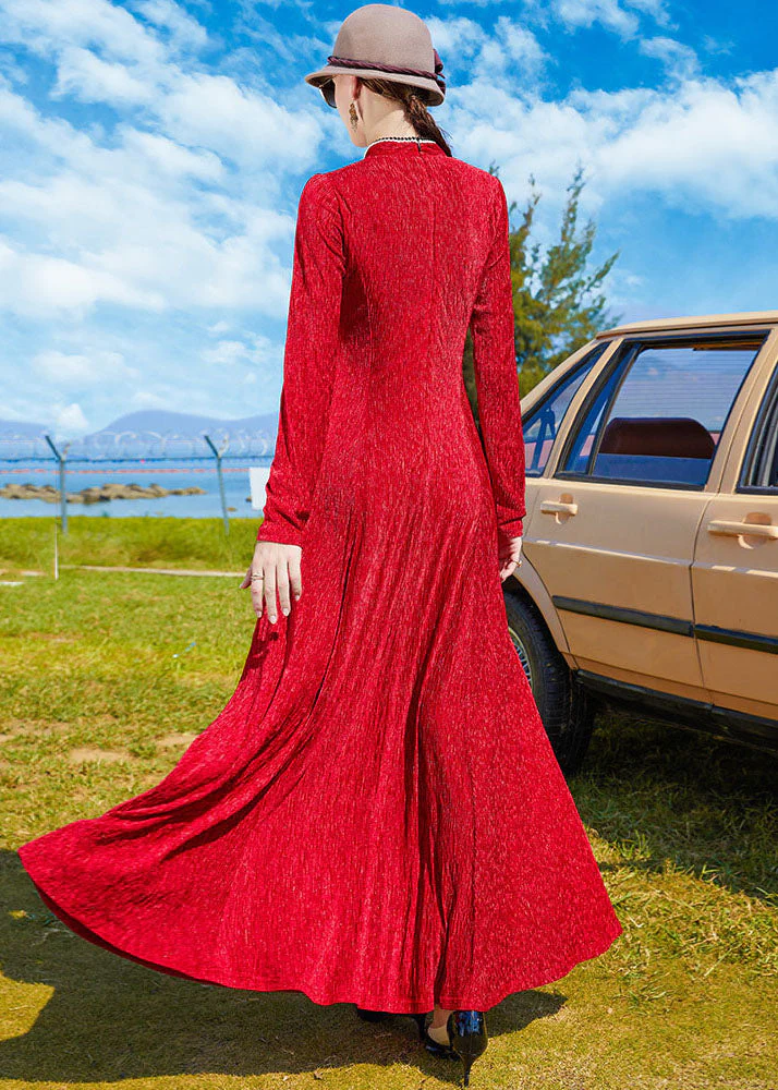 Vintage Red Mandarin Collar Exra Large Hem Holiday Dress Spring - Image 3
