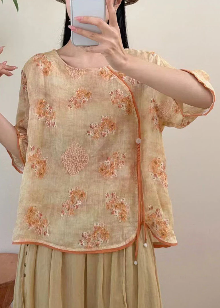 Vintage Red O Neck Embroidered Linen Blouse Tops Summer - Image 3